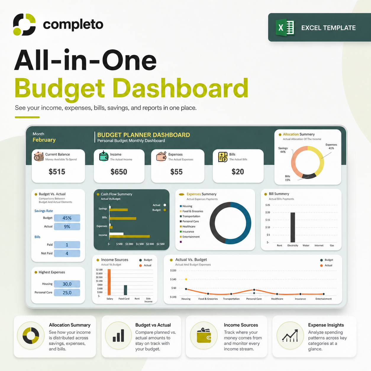 Monthly Budget Dashboard Excel Template with Dashboard preview 2