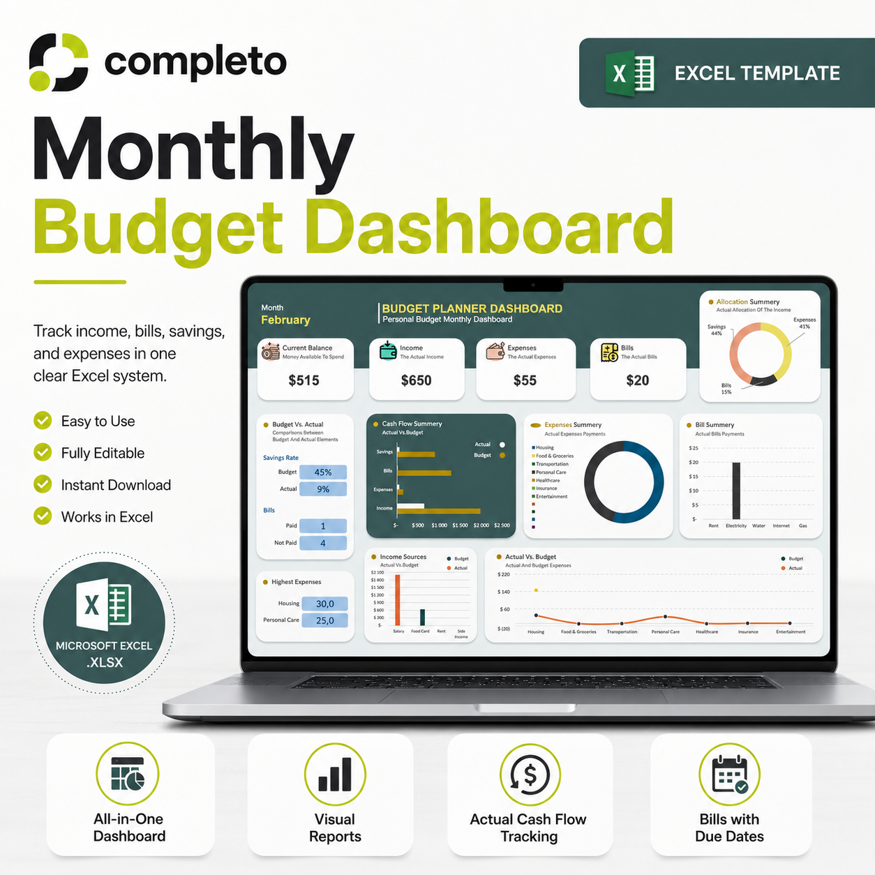 Monthly Budget Dashboard Excel Template with Dashboard screenshot